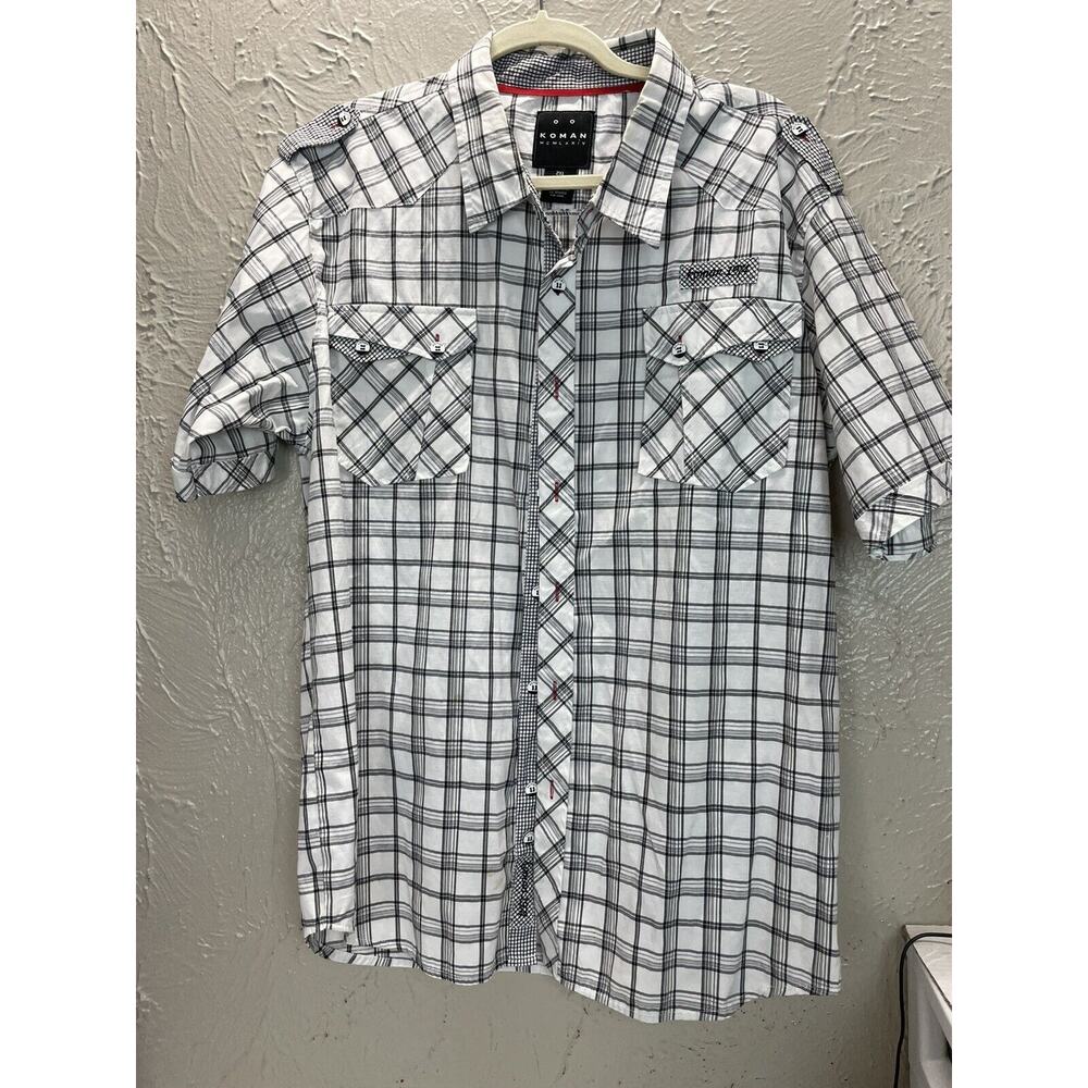 Koman Men's Button Down Shirt Short Sleeve Classic Fit Plaid Western Size 2XL‎